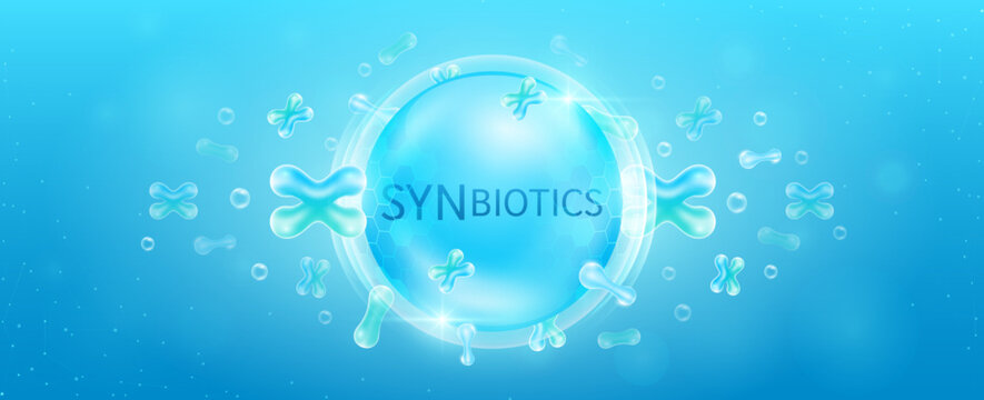 Synbiotics in transparent hexagonal dome with surrounding synbiotic bacteria blue. Good bacterial flora for intestine and stomach digestive system. Supplements healthy. Banner vector.