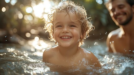 Fototapeta premium Joyful Young Boy with Curly Blonde Hair Laughing While Playing in Water with Smiling Father Nearby 