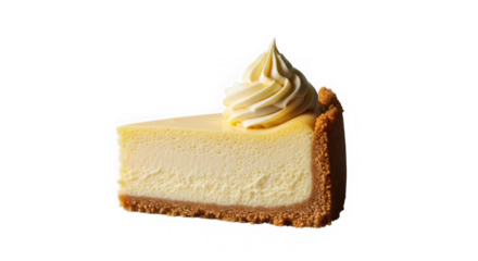 Slice of delicious cheesecake with cream isolated on transparent background