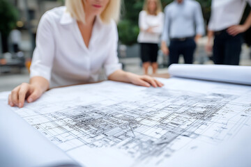 Blonde Woman Examining Detailed Blueprint on Outdoor Table, motion blur Business concept, motion bokeh background