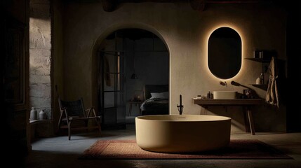 A spacious bathroom with a modern, minimalist tub.