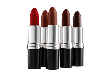 Five lipstick tubes in varying shades of red and brown, arranged closely together against a black background, showcasing their metallic silver casings and dark bases