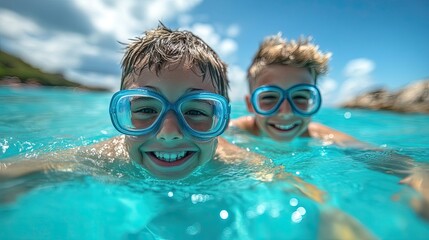 Naklejka premium Joyful summer adventure: two boys swimming in turquoise water under a bright blue sky 
