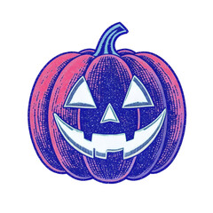 Retro Halloween Pumpkin with Smiling Face in Blue and Pink Hues on Transparent Background