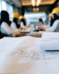 Architectural Blueprint Meeting with Yellow Hard Hats on Table, motion blur Business concept, motion bokeh background