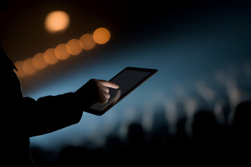 Person Using Tablet Dark Silhouette in Event Space, motion blur Business concept, motion bokeh background