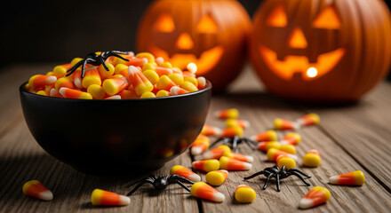Halloween candy corn bowl with pumpkins and spiders for trick or treat celebration holiday season