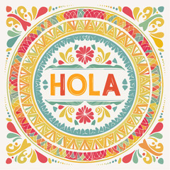 circular &ldquo;hola&rdquo; greeting in vibrant vector typography on 800&times;800 px rgb artboard