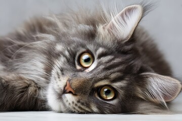 Humorous big gray long haired kitten with striking eyes Gorgeous fluffy Maine Coon lounging on a white table Space available for text