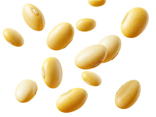 Yellow soybeans in mid-air,  a scattering of light gold-colored, oval-shaped seeds