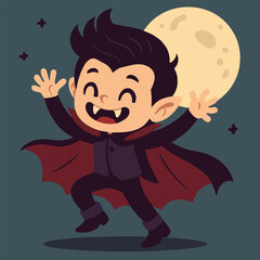 A funky-haired cartoon vampire boy dances under the moonlight with hands raised, flashing a creepy grin. Wearing a bold cape and stylish boots, he radiates spooky charm in a flat, vector style.