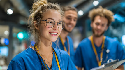 Diverse student nurses collaborating in clinical training with medical charts in teaching hospital - hands-on healthcare education teamwork and professional focus