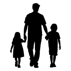 father and two children walking together silhouette