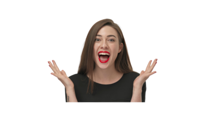 Excited Young Woman with Open Mouth and Hands Raised in Surprise