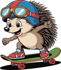 A hedgehog character joyfully riding a skateboard, wearing a helmet and goggles, transparent png vector