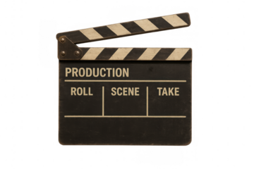 Movie clapperboard standing against transparent backdrop, signaling production readiness for film and design compositions