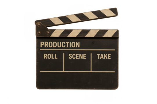 Movie clapperboard standing against transparent backdrop, signaling production readiness for film and design compositions