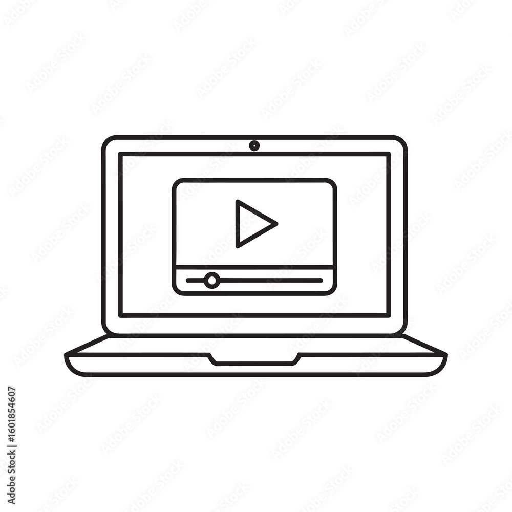 Poster laptop computer with video player on screen line icon representing online movie streaming digital en