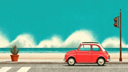 Retro Red Car by Coastal Road with Waves Against Bright Blue Sky and Vintage Charm