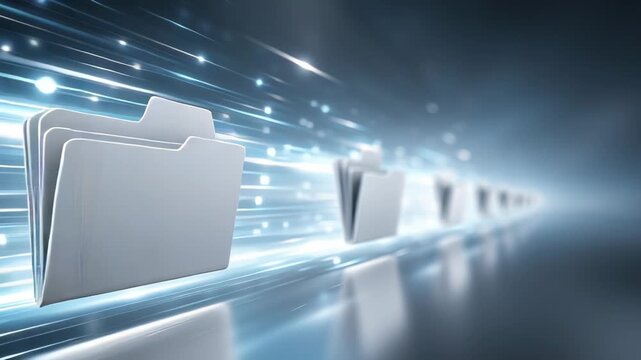 A futuristic online document folder gliding along beams of light, symbolizing fast and secure digital data storage.