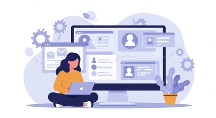 An illustration shows a woman working on a laptop in front of a large screen displaying user interfaces. Cogs and a plant are included