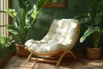 Serene Lounge Chair: A light-filled interior scene of a cozy wooden lounge chair, inviting relaxation alongside lush green plants, framed by a window, creating a perfect ambiance of tranquility.