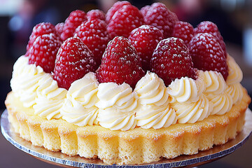 Raspberry Tart Delight: A close-up shot of a delectable raspberry tart, featuring a buttery crust filled with a rich pastry cream, crowned with fresh, ripe raspberries.