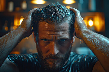 Man Washing Hair: A close-up shot captures a man in the middle of washing his hair, water glistening and droplets. Evoking themes of grooming and self-care.