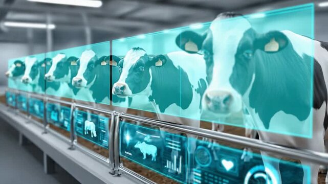 Futuristic Dairy Farm: A modern dairy farm with cows integrated with advanced technology. Digital displays showcase data, creating a synergy between nature and technology.