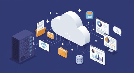 An isometric illustration showing a cloud connected by lines to server and documents on a blue background