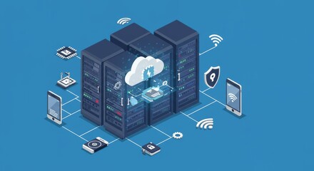 An isometric illustration showcasing a data center. Cloud computing concept with servers, devices, & wireless communication