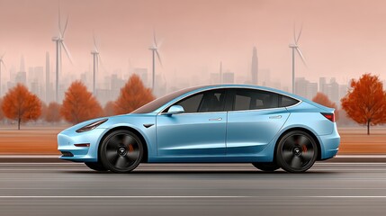 Obraz premium Futuristic Blue Electric Car in Autumn Urban Landscape with Wind Turbines