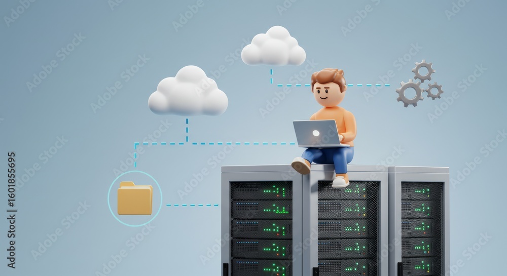 Poster animated figure sits atop server racks, using a laptop, connected to clouds and gears. a file folder