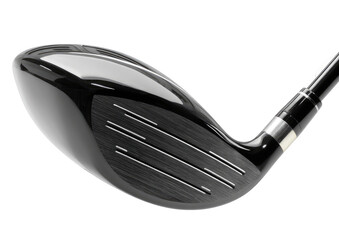 Close-up of a golf club head and shaft.  Shiny black head, textured grooves