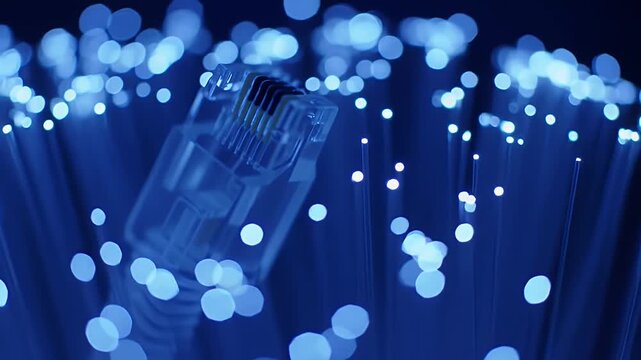 Transparent Network Cable with Blue Fiber Optic Lights on Black Background Displaying High Speed Connection