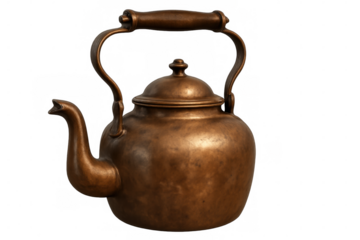 Antique copper kettle with wooden handle, isolated on transparent background, showing signs of wear and tear