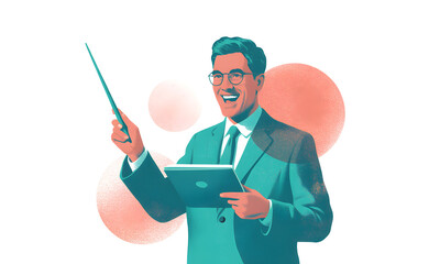 Smiling Teacher Holding Digital Tablet and Pointer in Teal Suit with Salmon Bubbles on Transparent Background