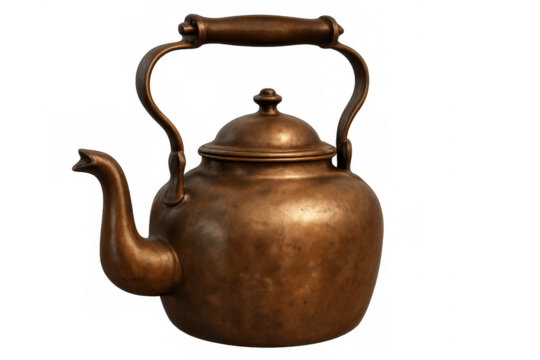 Antique copper kettle with wooden handle, isolated on transparent background, showing signs of wear and tear