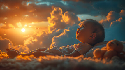 Baby looking up at golden sunset clouds infant golden hour