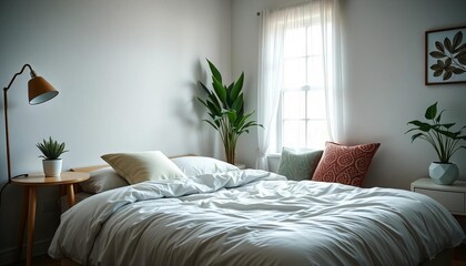 Cozy bedroom, plush bed, decorative pillows, corner plant,  interior design,  minimalist
