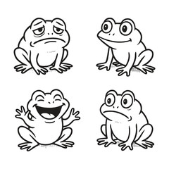 Black and white sketch of frogs in various funny poses and playful facial expressions.