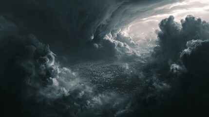 Dark Stormy Sky Over Cityscape with Dramatic Clouds and Light Breaking Through in a Cinematic Atmosphere