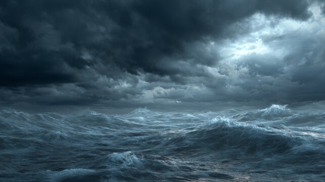 Dark and Stormy Ocean Waves Under Dramatic Cloudy Sky with Shifting Light and Wild Water Movement in a Moody Atmosphere