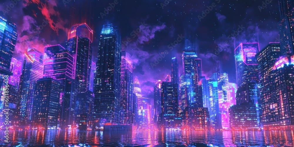 Poster a neon-lit city blending elements from different time periods, creating an impossible architectural 