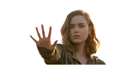 Young Woman Holding Up Hand in Stop Gesture, Serious Expression