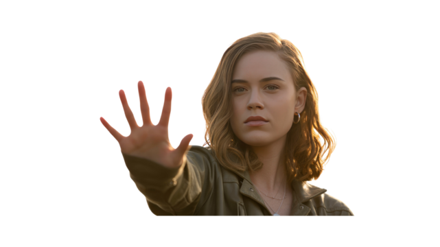 Young Woman Holding Up Hand in Stop Gesture, Serious Expression