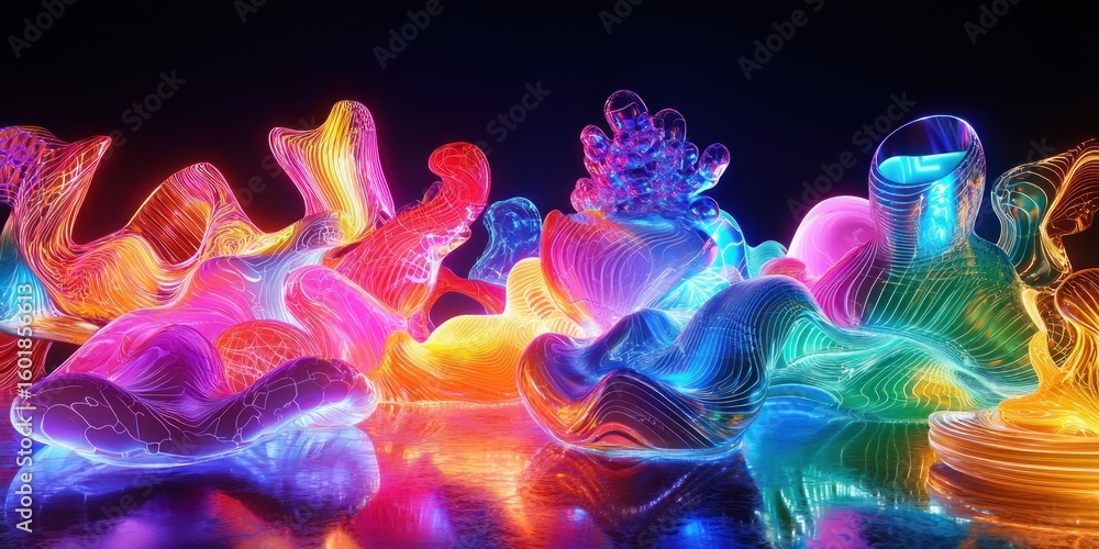 Poster a neon-lit digital environment where abstract objects morph into organic shapes