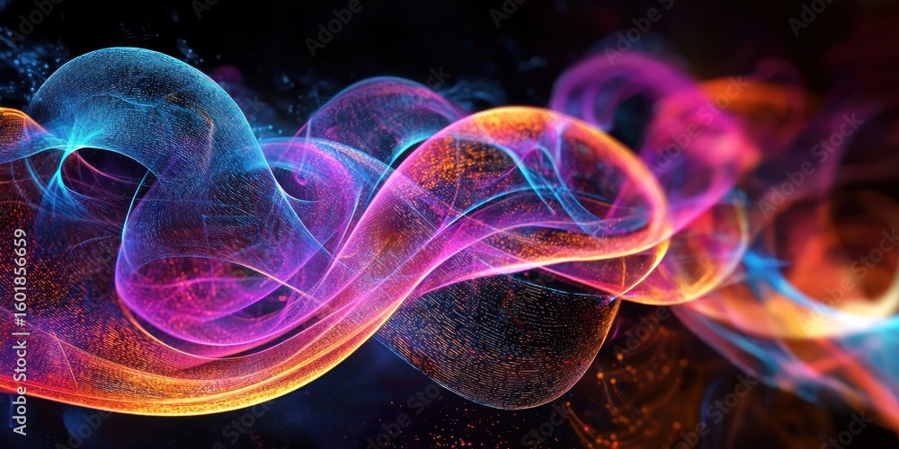 Poster a neon-lit digital environment where abstract objects morph into organic shapes