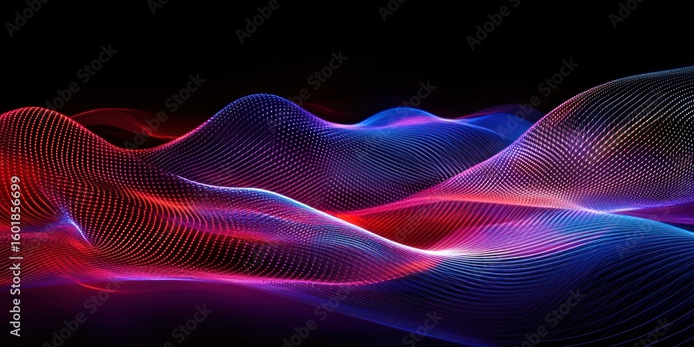Poster a neon-lit digital environment where abstract objects morph into organic shapes