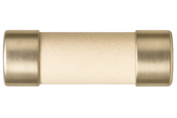 Cylindrical ceramic cartridge electrical fuse with metal end caps on a transparent background